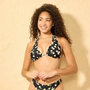Shade & Shore NWT Women's Reversible Print Halter Bikini Top Daisy Polka Dot XL